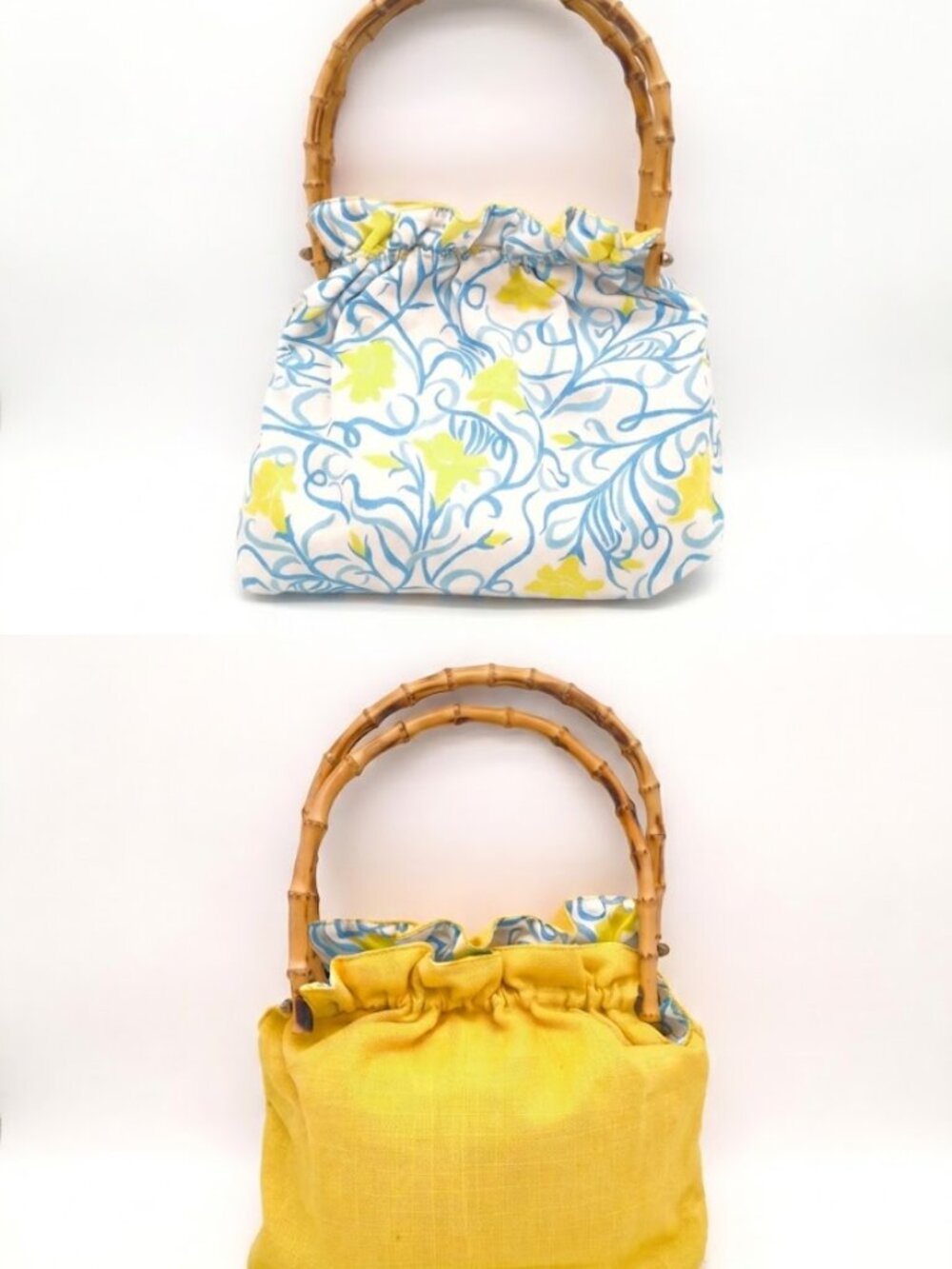 Vintage MCM Reversible Blue and Yellow Fabric Handbag - Round Bamboo Handles